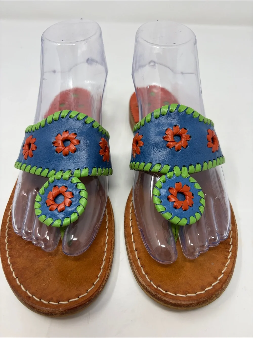 Jack Rogers Blue Leather Flower Toe-Post Sandals Size 7 Excellent Condition